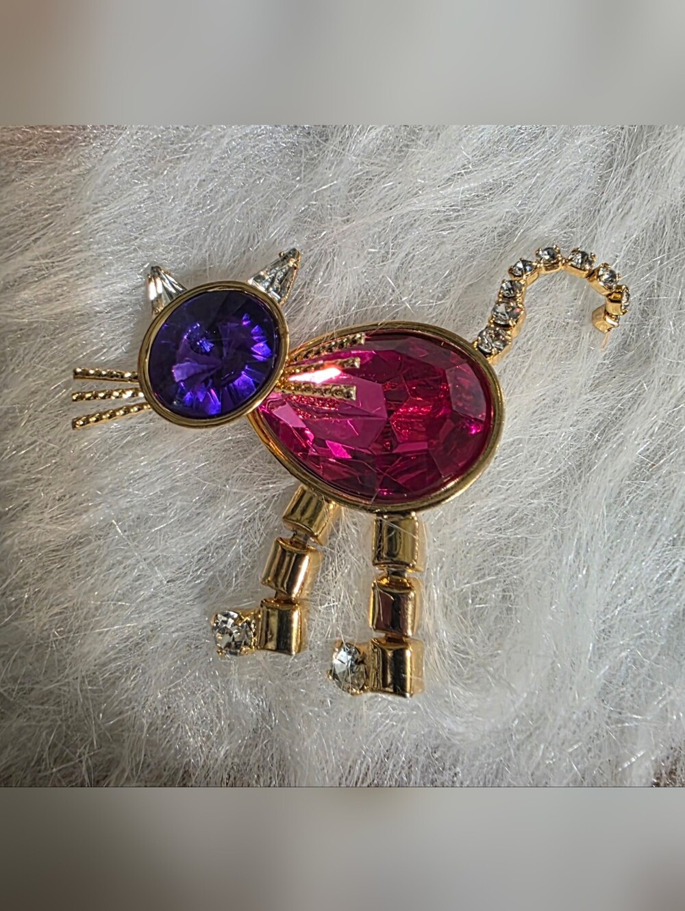 Vintage Articulated Purple & Pink Cat Brooch - Women Jewelry